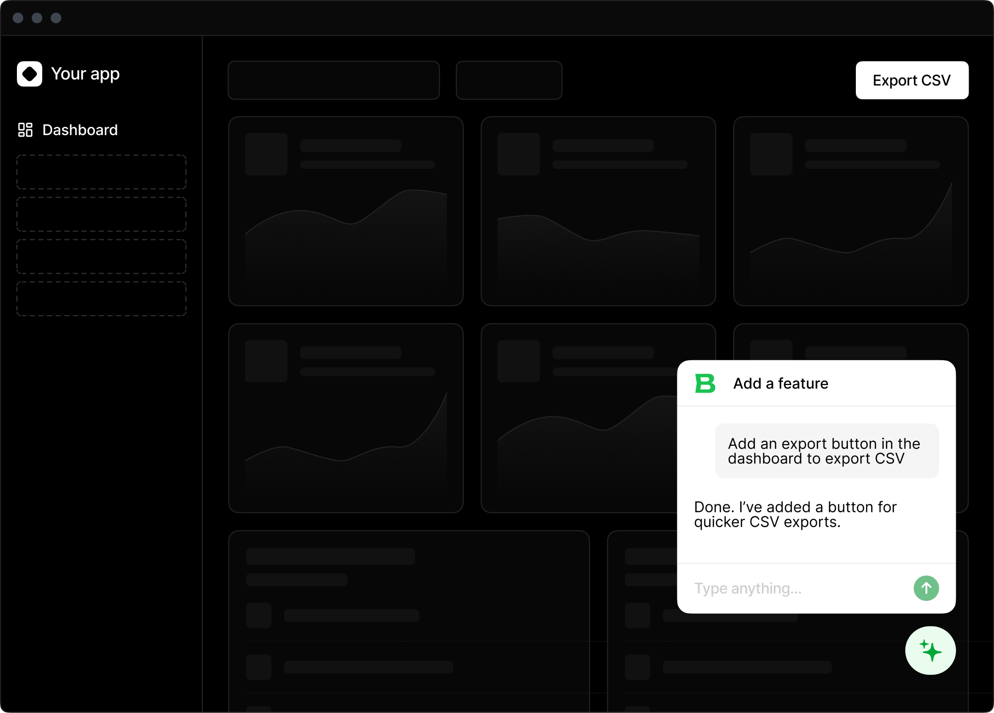 Bustling in action, a user asking to add a CSV export button inside their app